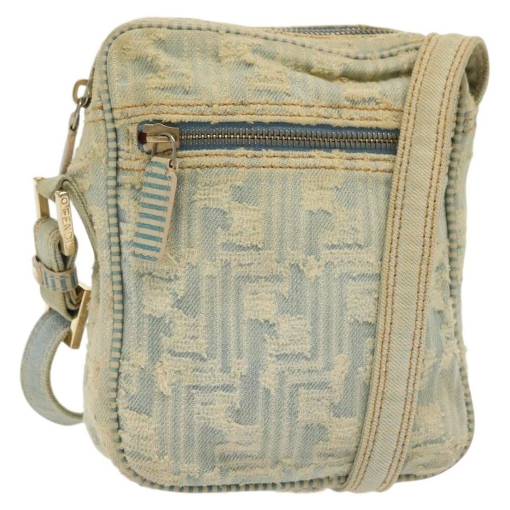 Authentic FENDI Shoulder Bag Denim Light Blue Gold